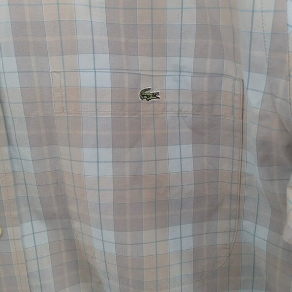 Lacoste Shirt Mens Size 38 Medium Beige Tan Blue Windowpane Check Button Down - Picture 2 of 7